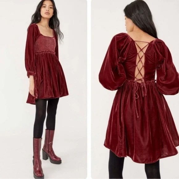 Free People Dainty Renaissance Daphne Velvet Mini Dress Burgundy Brown Medium - Picture 6 of 17
